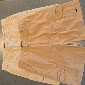 (2) Tru-Spec Men's Tan and Khaki Cargo Shorts w/ hidden Elastane Waist Bands.